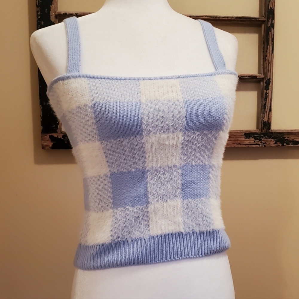 Willow & Wind Fuzzy Blue & White Plaid Tank Top (XS-Fit-S) - Picture 6 of 6